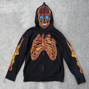 Hawk Hoodie Youth Medium Black Skeleton Flames Full Zip Glow Skull Face Costume